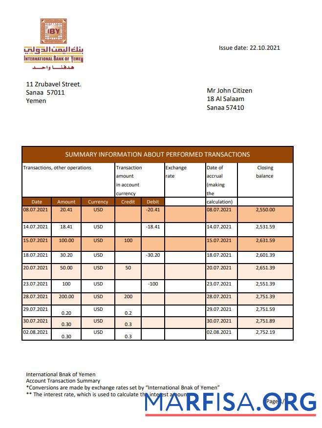 Printable Yemen International bank statement excel example